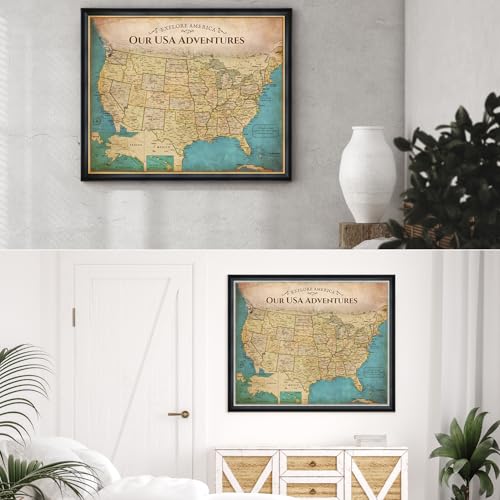 Image of DECORARTS - Personalized Push Pin Travel Map USA, Custom Name, Pin Board Canvas Wall Art, Antique Vintage Old United States Decor, Optional Wood Frame, Giclee Print, Handcrafted in USA, 30x24''