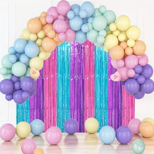 Image of Voircoloria 2 Pack Blue Purple Pink Foil Fringe Backdrop Curtains, Tinsel Streamers Party Decorations, Fringe Backdrop, Door Shimmer for Mermaid or Birthday Party