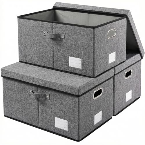 Image of PRANDOM Storage Bins with Lids [3-Pack] Linen Fabric Foldable Storage Boxes Organizer Containers Baskets Cube with Cover for Bedroom Closet Office Grey(23.4X15.9X11.4)