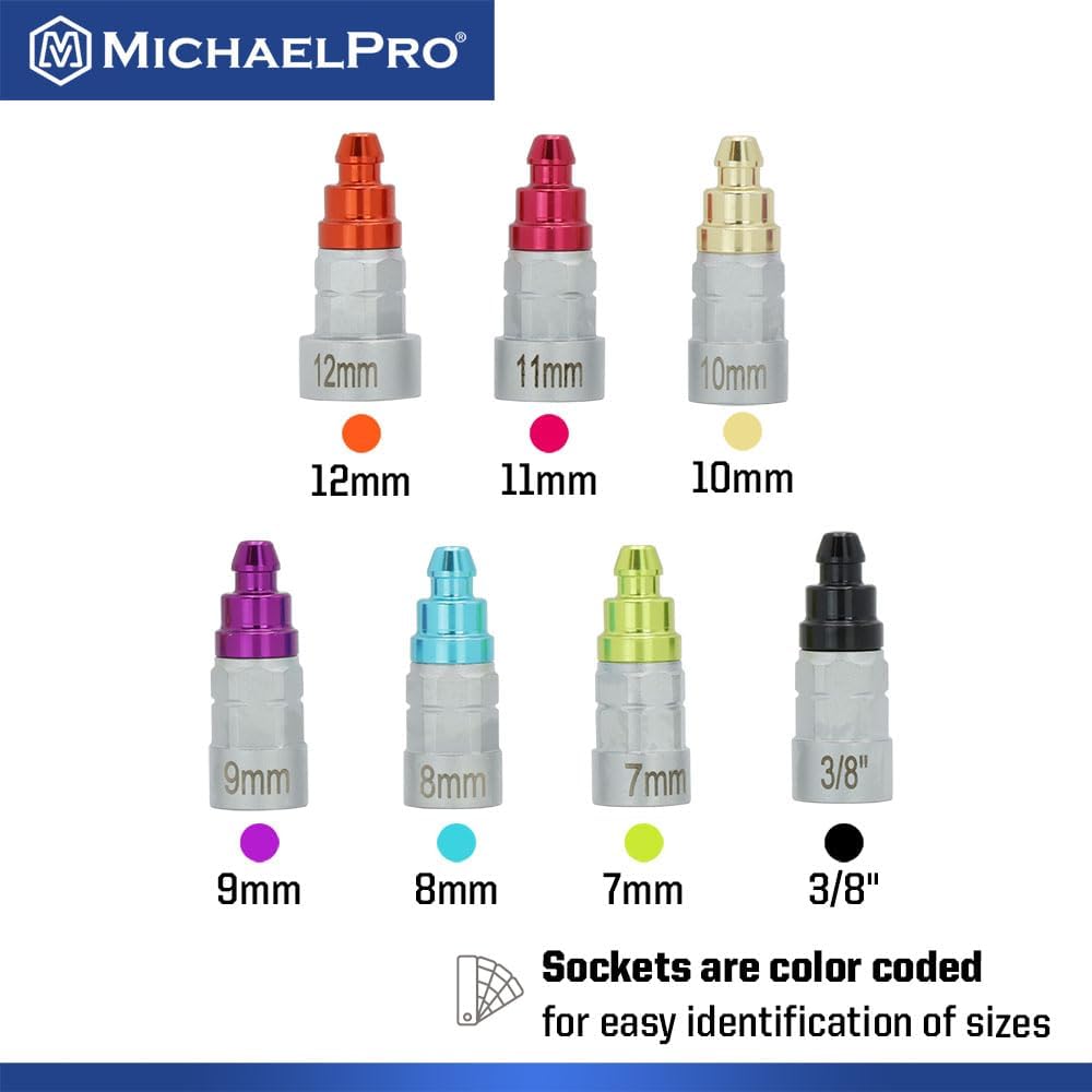 MichaelPro MP019003 Mechanic’s Brake Bleeder Wrench Set with 7mm to 12mm & 3/8-Inch 12-Point Socket, 47-Inch Length Oil Drain Hose Included