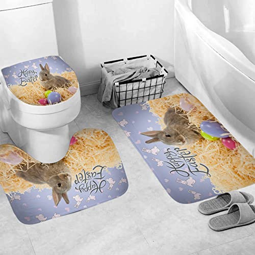 Dds-Dudes 4Pcs Easter Shower Curtain Sets，Funny Rabbit Easter And Blue Eggs For Bathroom Decor，Happy Easter Rabbit Waterproof Fabric Curtains With Hooks 71X71 Inches (Colour E) #TOP2