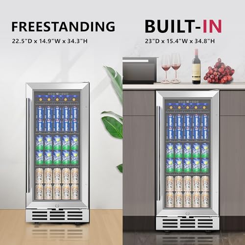 Image of Icyglee 15'' Beverage Refrigerator Cooler - 126 Cans Under Counter Beverage Fridge with LED Light, Built-in Design, Wine Cooler for Home /Kitchen