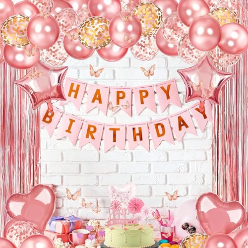 Image of Party Propz Rose Gold Birthday Decoration Kit for Girls - 45Pcs Happy Birthday Banner & Rose Gold Balloons for Decoration, Rosegold Foil Curtain & Swirls, Cake Toppers For Cake Decoration (Cardstock)