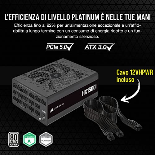 HX1500i Interamente Modulare Ultra-Silenzioso Alimentatore - Compatibilità con Standard ATX 3.1 e PCIe 5.1 - Ventola con Cuscinetto Fluidodinamico - CORSAIR iCUE - 80 PLUS Platinum - Nero - Alimentatore - Immagine 3