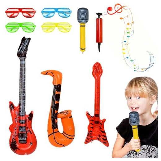 Byfoyif 9PCS Instrumentos Inflables Rock, Incluye Bajo, Guitarra, Saxofón, Micrófono ,4 Gafas y Bomba de Aire, Instrumentos Musicales Hinchables para Cumpleaños,Fiestas,Música Carnavales y Photobooth