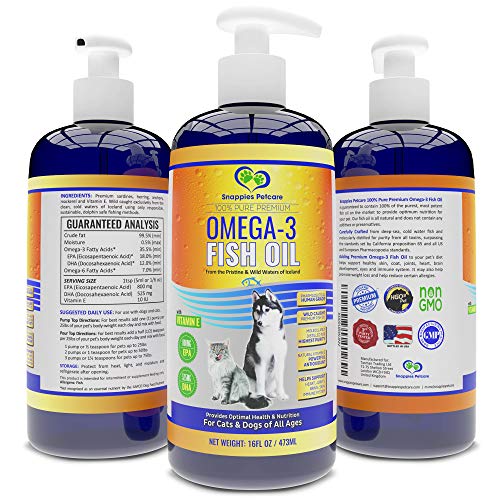 Snappies Petcare Omega 3 Fish Oil for Dogs and Cats – Wild & Pure Icelandic Liquid Fish Oil Supplement - No Odor & More EPA & DHA Than Salmon Oil for Optimal Pet Nutrition (16 Ounces)