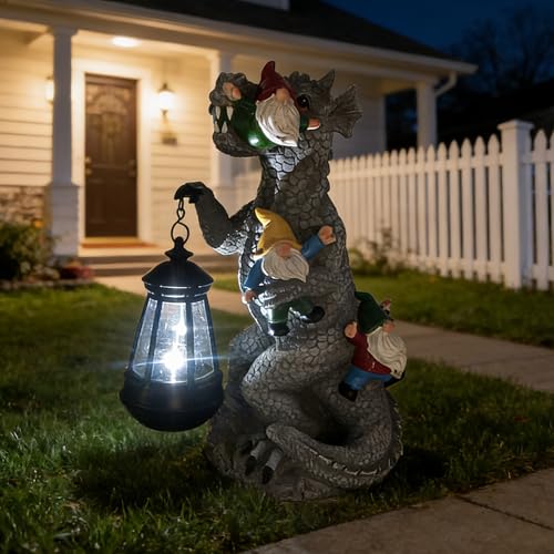 SAMPU Craft 12.3 Inch Dinosaur Garden Gnome Statue with Solar Lantern Dinosaur Eating Gnomes Cute Yard Lawn Patio Ornament Gardening Housewarming Gift for Women