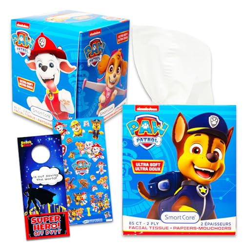 Paw Patrol Facial Tissue Box 2 Pack - Bundle with 170 Hypoallergenic Baby Soft 2-Ply Tissues, Stickers, More for Travel, School, Classroom