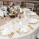 Bokon 350 Pcs Gold White Party Supplies Disposable Dinnerware Set Include 100 Plates 50 9 oz Paper Cup 50 Sets Spoon Fork Knives 50 Napkin for 50 Guests Wedding Birthday Valentines Party Decoration - Image 5