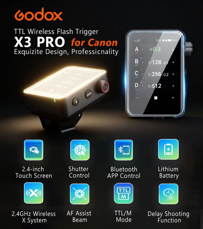 Godox X3 Pro X3PRO-C Bezprzewodowy wyzwalacz Flash TTL z osłoną ekranu do Canon, system 2,4 GHz X, sterowanie Bluetooth i aplikacją, ekran dotykowy, HSS, sterowanie migawką, szybkie ładowanie USB-C