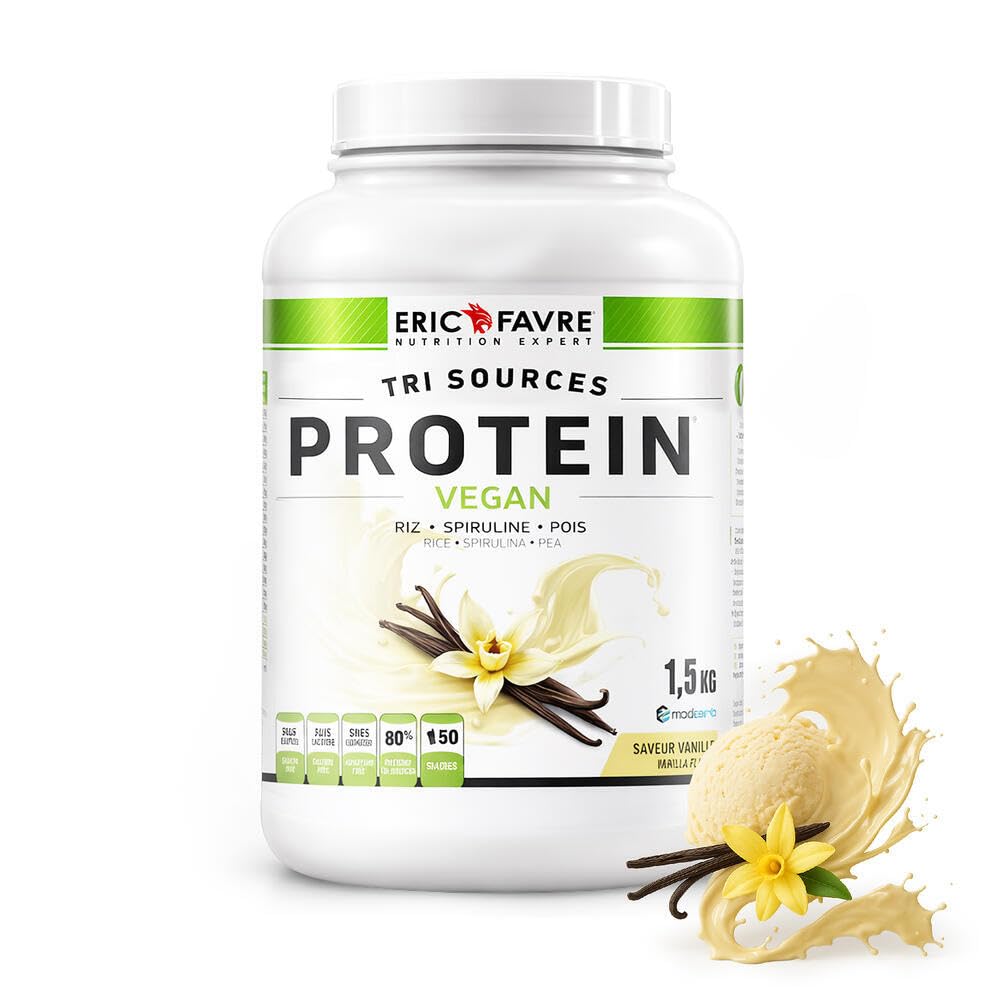 PROTEINES VEGAN TRI-SOURCE - Protéines Végétales Vegan Savoureuses Pour le Développement Musculaire - Riz Spiruline Pois - Assimilable Rapidement - 1,5kg - Saveur Vanille - Eric Favre
