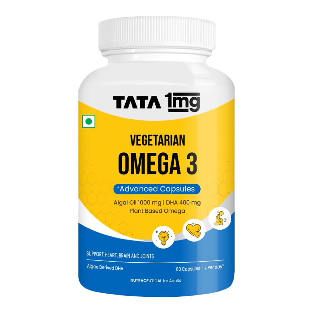 Tata 1mg Vegetarian Omega | 400mg DHA from Algal Oil | Plant-Based Omega-3 | Supports Heart, Brain & Joint Health | 60 Veg Capsules