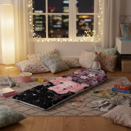 Bolsa de dormir QOOMO Axolotl Cherry Blossom para camping, 3 estaciones, ligera y resistente al agua para adultos y niños miniatura 3
