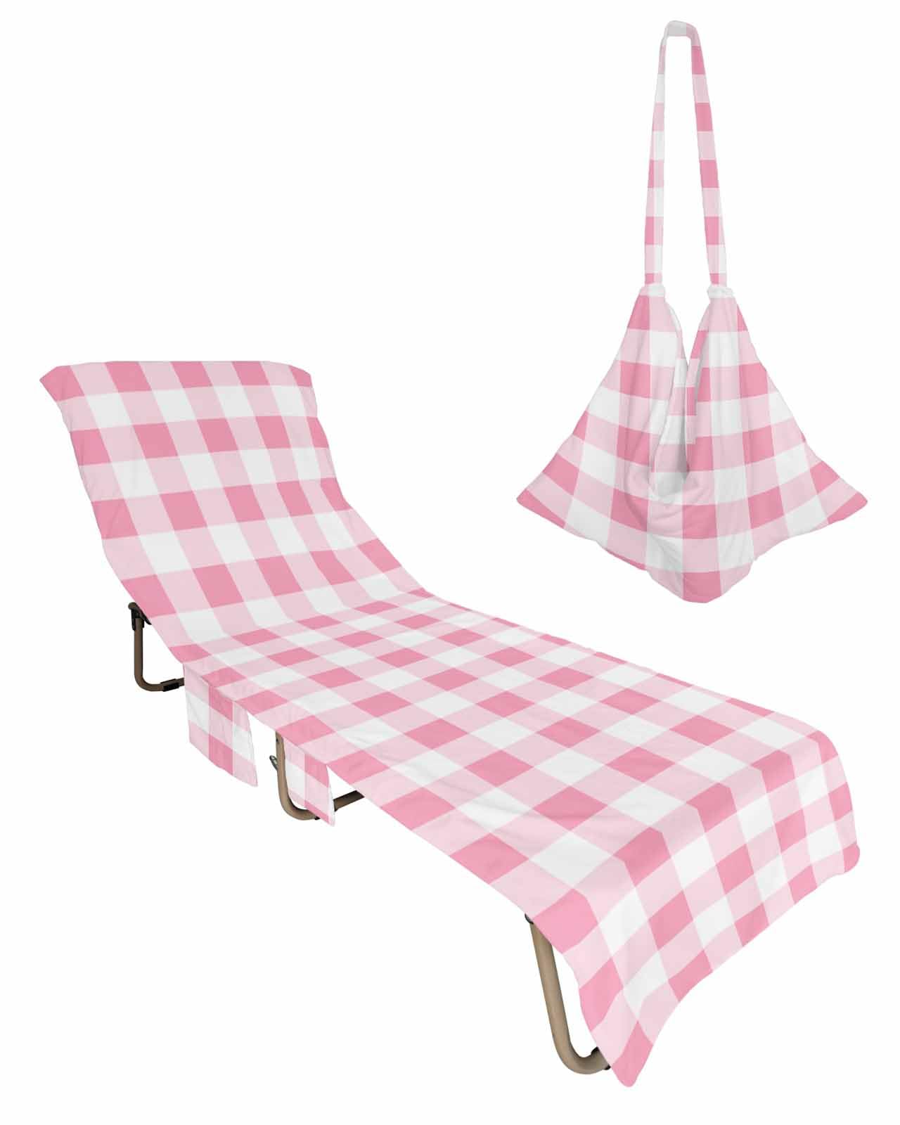 Pink White Plaid Beach Chair Towel Covers for Chaise Lounge with Side Pocket, Soft Plush Pool Towels Cover for Patio Sunbathing Outdoor 29''x85'' Contemporary Simple Buffalo Plaid Check