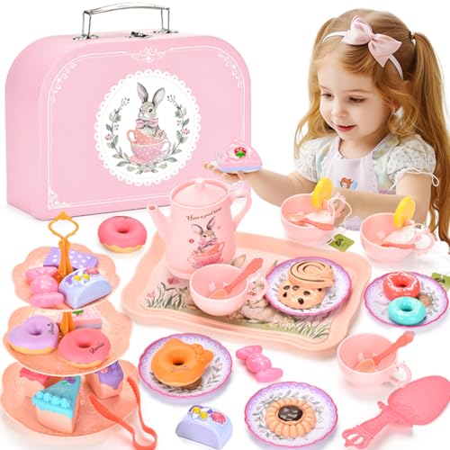 Lajeje Kids Tea Party Set for Little Girls & Toddlers – Bunny Kitchen Toy & Pretend Play Set with Teapot, Cups, Plates, Desserts & Case | Princess Birthday Gift, Easter Basket Stuffer for Ages 3-5