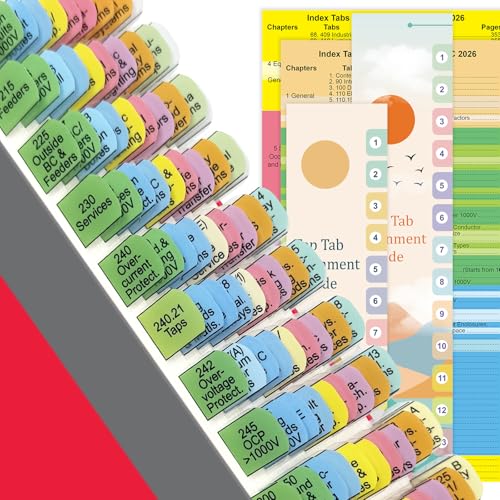 Mevisky Index Tabs for 2026 NEC (Book not Included), Top + Side Electrical Code Tabs, Bright Printed with Blank Tabs, Color-Coded and Laminated, with Wire Chart & 2 Ohm's Law Stickers & Page Numbers