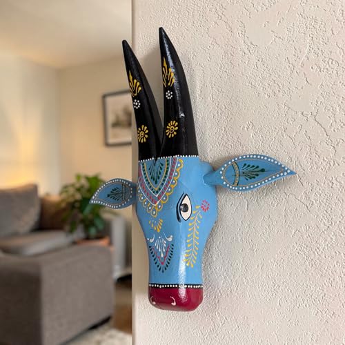 Image of DEAL-ART-CRAFT Handpainted Wooden Cow Head Wall Decor for Living Room, Puja Room, Housewarming Gift, 12 inch (Blue)