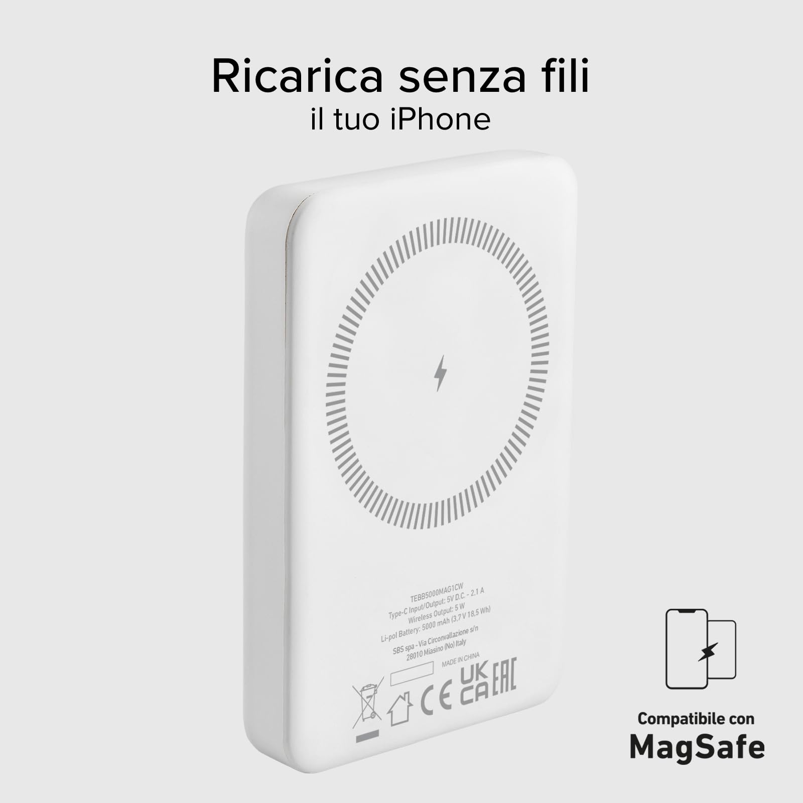 SBS PowerBank 5K MagSafe Wireless, 5.000mAh, Power Bank con Ricarica Rapida, Magnetico, Intelligent Charge (IC), LED di Carica, USB-C, Caricabatterie Portatile da Viaggio, Design Compatto, Bianco