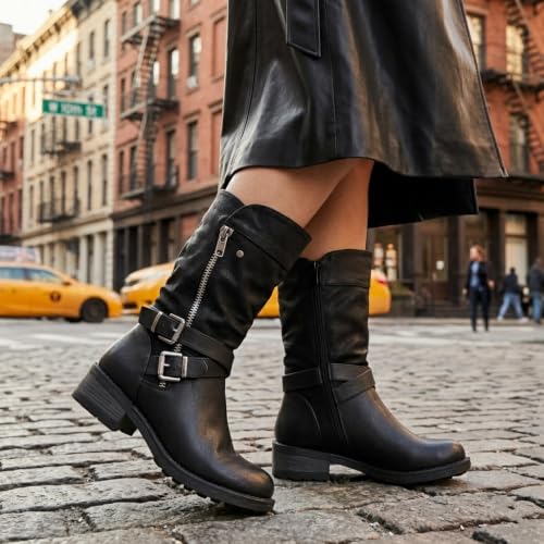 GLOBALWIN Women's Mid-Calf Boots Round Toe Zip-Up Slouch Booties with Buckle Strap Casual Spring Fall Winter Black Boots For Women With low Heel Comfortable For Walking Size 6.5M - image 2