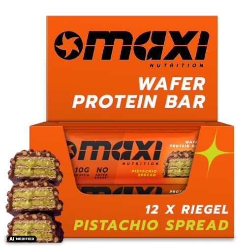 MaxiNutrition Pistachio Spread Protein Waffle Bar, 26% Eiweiß, 199 kcal, (12 Eiweißriegel x 39g), Ohne Zuckerzusatz