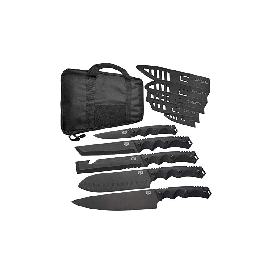 DFACKTO - 11 Piece Premium Rugged Chefs Knife Set with Sheaths and Case for Kitchen and Camping, Stonewashed High Carbon Stainless Steel Knives in Travel Kit, G10, Black Cooking BBQ Utensils