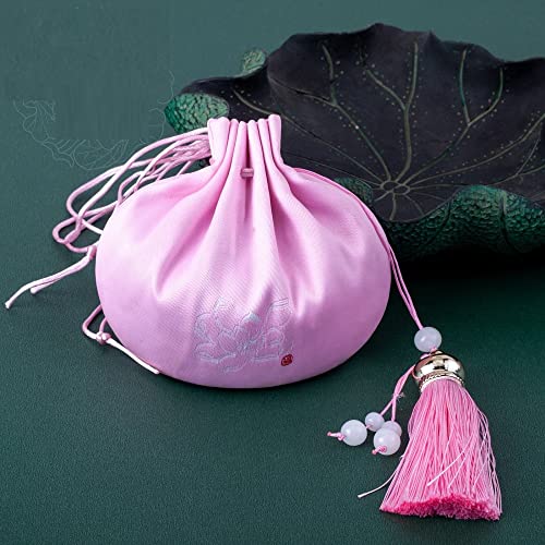 4 Bolsitas Chinas Bordadas de Loto con Cordón, Accesorios Rosa miniatura 1