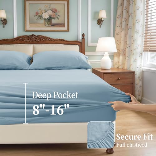 Image of 100% Pure Linen Sheet Set for Hot Sleepers, Breathable Natural Linen Sheets 4pcs, Bedding Set Deep Pocket Up to 16 inch Moisture-Wicking, Softens with Every Wash (Dusty Blue Queen)
