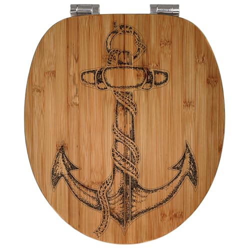 banjado® Hochwertig gravierter Design WC Sitz Bambus Absenkautomatik Anker/Toilettendeckel mit Absenkautomatik Holz/Bambus Klodeckel/WC-Sitz für alle gängigen Toiletten