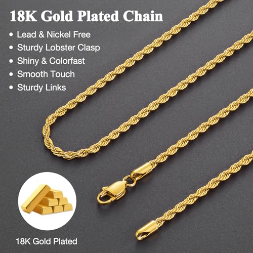 3mm 18K Gold Plated Rope Chain Necklace for Men, World's Top Craftsmanship Gold Stainless Steel Necklace for Men, Non Tarnish & Sturdy Men's Chain Necklaces 16 18 20 22 24 26 Inch3