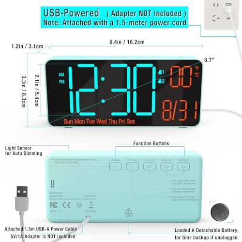 Image of KOSUMOSU Alarm Clock for Bedroom, 6.7in Small Digital Clock, Auto Dimming, Room Temperature, Day of The Week, Date, Alarm Clocks for Living Room, Desk Clocks