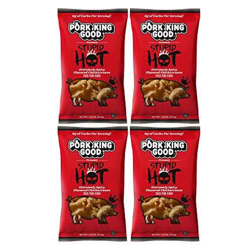 Pork King Good Stupid Hot Pork Rinds - (4 Pack) Low Carb, Keto Diet Friendly Snack - Extremely Spicy Chicharrones