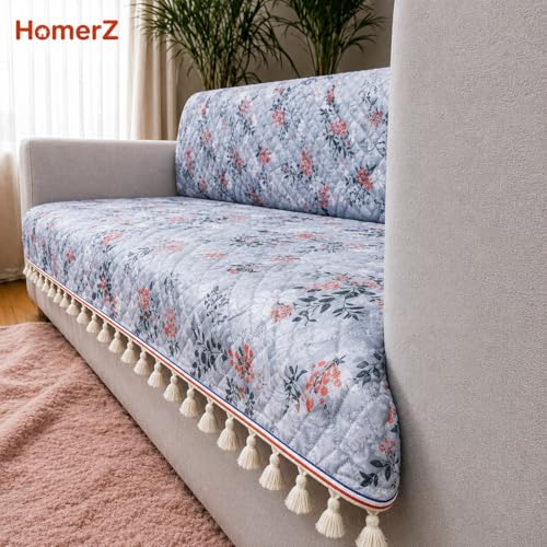 Image of Homerz Premium Printed Quilted Velvet Sofa Slip Cover Protector with Tassels, Sofa Mat, Exact Size, Antislip Cover (Grey Autumn, 6 (3+2+1) Seater, Full)