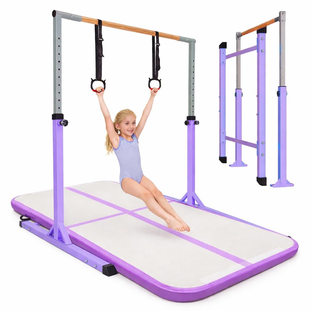 BREEZENEST Adjustable Gymnastics Bar for Kids, 13-Level Height Gym Bars (100-158cm) with Rings - Steel Frame & Beechwood Bar for Home Training, Indoor Outdoor Use (Purple + Cushion&Without pump)