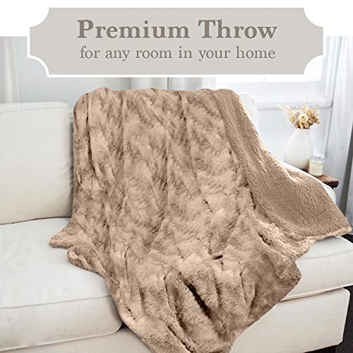 The Connecticut Home Company Throw Blanket, Soft Plush Reversible Faux Fur And Sherpa, Warm Thick Throws For Bed, Comfy Washable Bedding Accent Blankets For Sofa Couch Chair, 65X50, Beige #TOP6