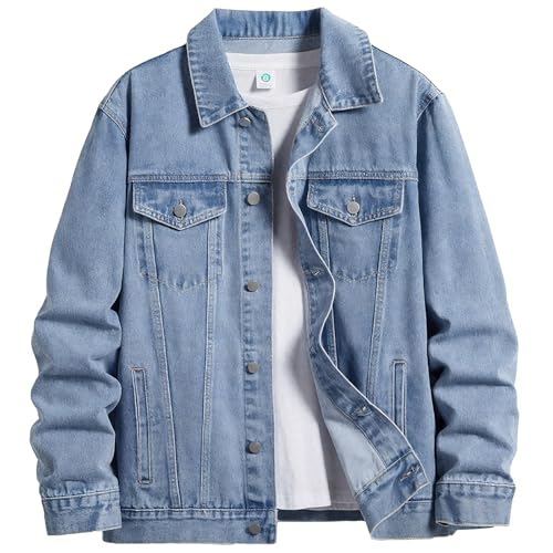 Image of Men's Denim Jacket Vintage-Inspired Jean Jacket with Multiple Pockets - Cotton Blend, Machine Washable