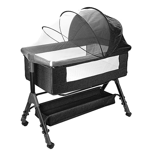 Image of Foalom Baby Bassinet, 3 in 1 Baby Bassinet, Baby Basinet Bedside Sleeper, Easy to Fold Portable Crib Side Bassinet, Baby Cradle with Storage Basket, Adjustable Bedside Crib (Dark Grey)