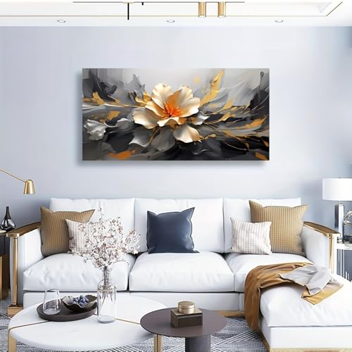 Fleurs imprimées sur toile lotus dorés tableau abstrait moderne 30x65