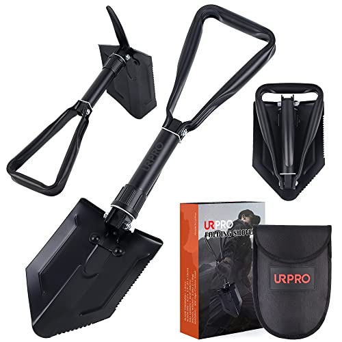 URPRO Pala Plegable con púa, Mango portátil de Acero al Carbono, Supervivencia, atrincheramiento, Militar, extinción de Incendios, zanjas, para Camping, jardinería, excavación, Arena, Barro y Nieve