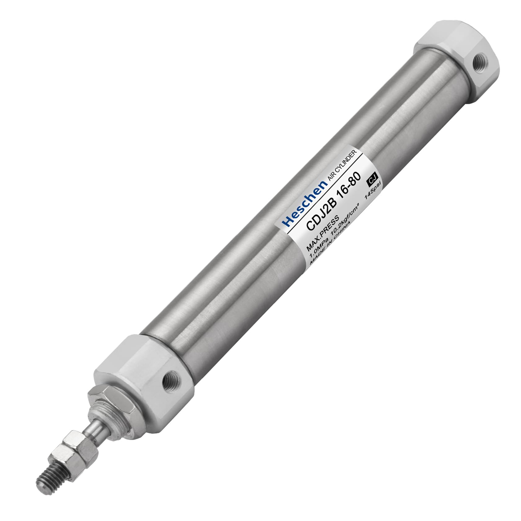 Heschen Silver Stainless Steel Slim Air Pneumatic Cylinder, Cdj2b 16-80, M5 Port, 16Mm Bore, 80Mm Stroke, Double Acting Single Rod (80Mm Stroke)