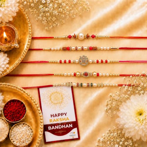 Image of Maalpani Rakhi for Brother Set of 5 with Celebrations Assorted Chocolate Gift Pack | Handcrafted Designer Pearl & Om Rakhi Combo Hamper for Rakshabandhan