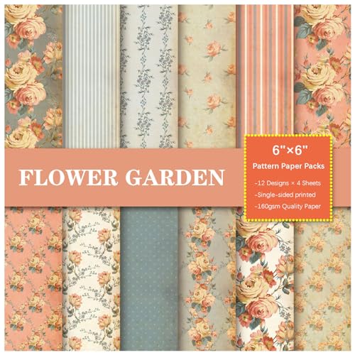 papel scrapbook,accesorios scrapbook, Paquetes de papel con estampado floral de una sola cara, 6' x 6', 48 hojas, 12 diseños, suministros for hacer tarjetas, álbumes de fotos y álbumes de recortes