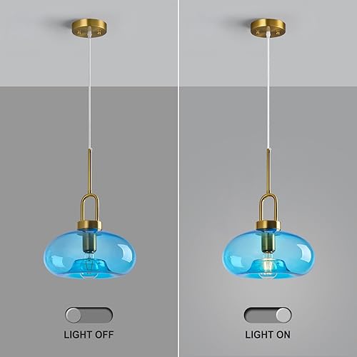 Miniatura 6 de Light Blue Glass Pendant Lights Kitchen Island Gold Pendant Light Fixtures Adjustable Height Modern Pendant Lighting for Bedroom Dining Room (1-Pack)