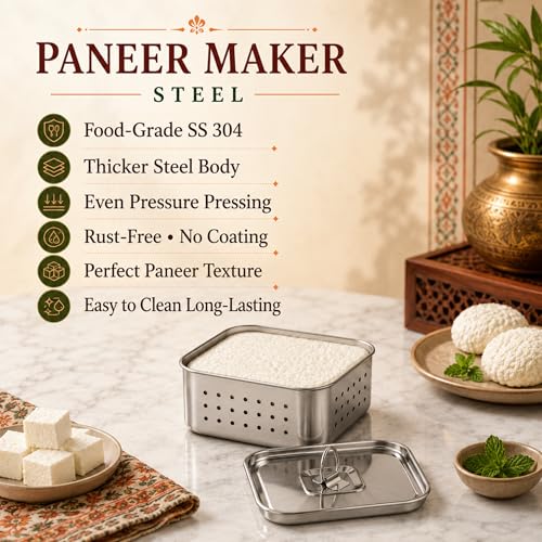Image of Paneer Maker Steel - 12.5 x 12.5 x 4.5 cm | 550 ML | Stainless Steel Press Mould for Healthy Homemade Paneer, Tofu & Cheese | Rust-Free, Durable & Easy to Clean