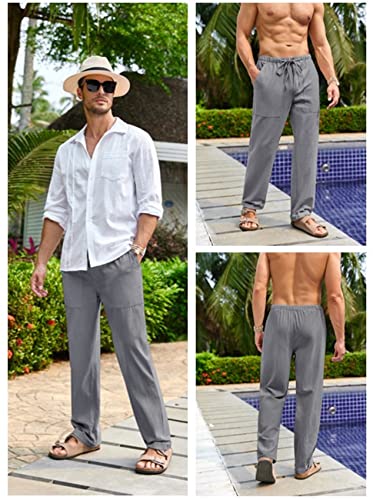 Gafeng Mens Linen Pants Yoga Beach Loose Fit Casual Summer Elastic Waist Drawstring Baggy Trousers With Pockets Gray #TOP4