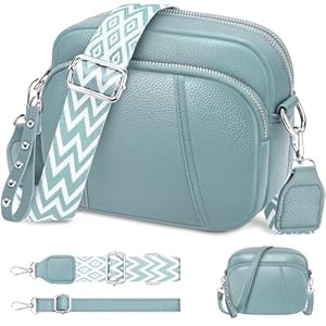 Umhängetasche Damen Kleine, Crossbody Bag Damen Leder mit Breitem Gurt Moderne Kleine Umhängetasche mit 3 Reißverschlussfächern 2 Abnehmbar Schultergurt