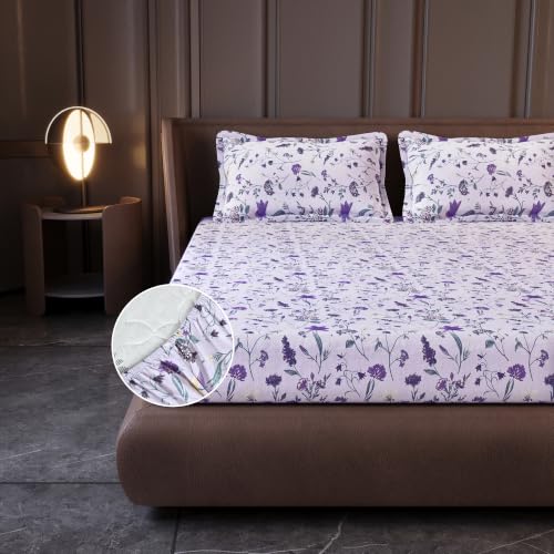 Image of Divine Casa King Size Fitted Bedsheet with 2 Pillow Covers (200 x 180 CM) | Cotton Twill Satin Floral Print | Purple Elastic Fitted Sheet for Mattress.