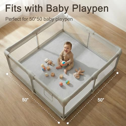 Image of 50 inch x50 inch Padded Baby Play Mat for Floor, 1.2 inch Thick Foam Baby Playpen Mat, Cushioned Tummy Time Mat with Non-Slip Bottom, Removable & Machine Washable Cover, Fits 50 inch x50 inch Playpens