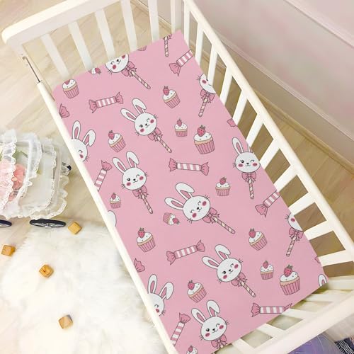 Image of Rabbit Candy Cake Pink Fitted Crib Sheet for Boys Girls Baby Bed Sheets for Baby Gift,52 X 28 in