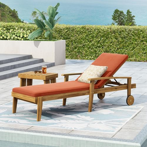 Fnecan Chaise Lounge Orange Acacia Wood Outdoor Adjustable 5-Position Patio Sun Lounger with Thin Slat Panels and Water-Resistant Cushions for Poolside Deck and Garden