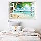 Lichi 3D Fake Window Wall Sticker of Tropical Beach View Sunshine Scenery Mural Decal for Home Decoration